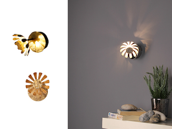 Einflammige LED Wandleuchten im 2er SET aus Metall in Blattgold mit Blumen Motiv