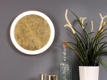 Kleine LED Wandleuchte MOON für Wand & Decke, Spiegel Design Blattgold Ø30cm