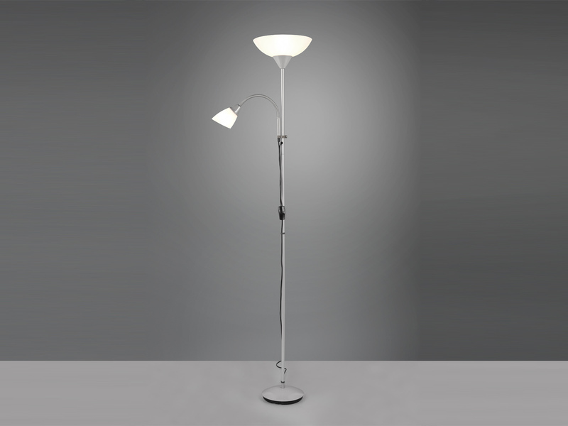 LED Deckenfluter Silber mit flexibler Leselampe, Höhe 180cm