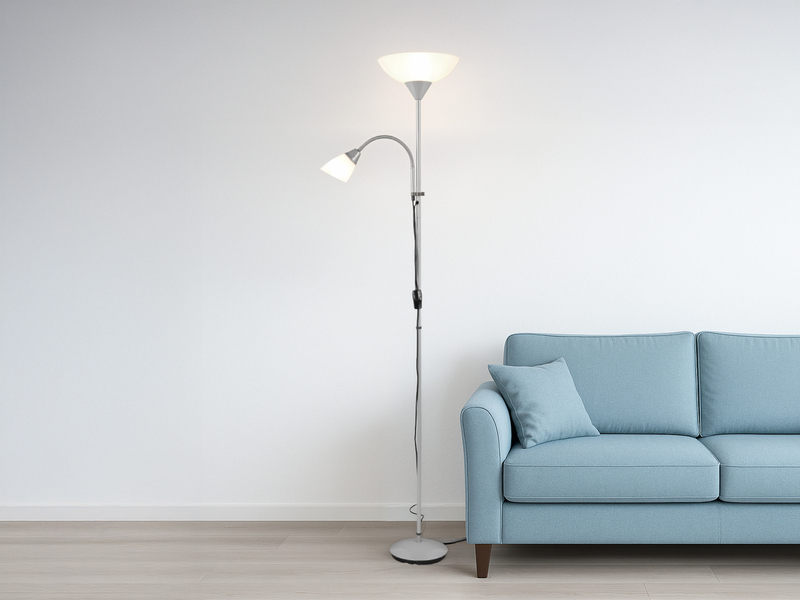 LED Deckenfluter Silber mit flexibler Leselampe, Höhe 180cm