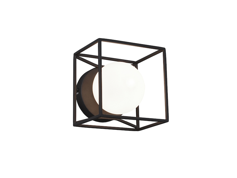 LED Wandleuchte Industrie Design 14x14cm Metall Schwarz, Glaskugel Weiß