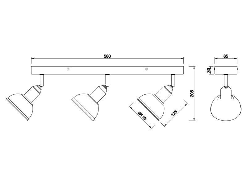 Holzbalken Deckenstrahler DELHI Silber Antik 3-flammig, Breite 58cm