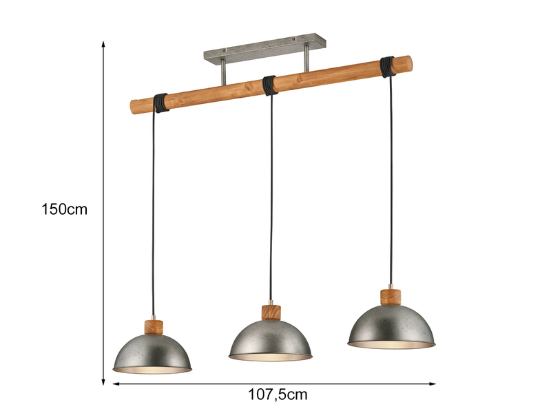 Holzbalken Pendelleuchte DELHI 3-flammig lang, Höhe 150 - 210cm, Breite: 107,5cm
