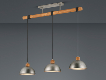 Holzbalken Pendelleuchte DELHI 3-flammig lang, Höhe 150 - 210cm, Breite: 107,5cm
