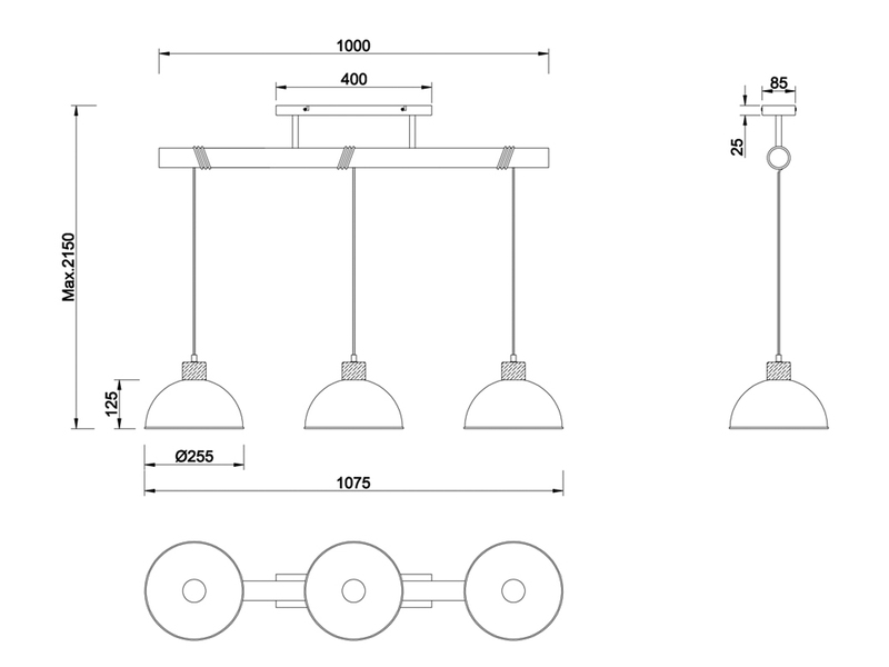 LED Holzbalken Pendelleuchte 3-flammig lang, Höhe 150 - 210cm, Breite: 107,5cm
