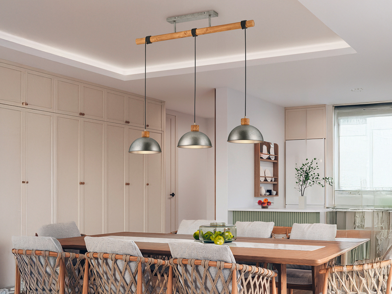 LED Holzbalken Pendelleuchte 3-flammig lang, Höhe 150 - 210cm, Breite: 107,5cm