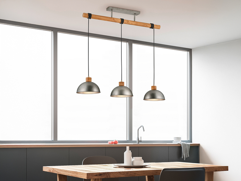 LED Holzbalken Pendelleuchte 3-flammig lang, Höhe 150 - 210cm, Breite: 107,5cm