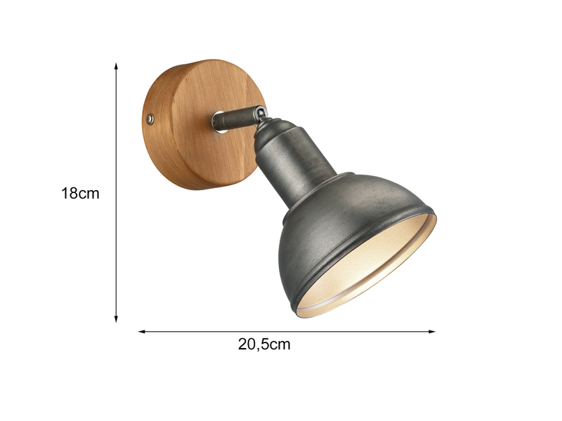 LED Wandstrahler mit Holzelement & Metall Spot schwenkbar, H:20,5cm