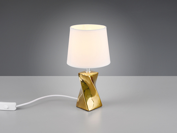Kleine Keramik LED Tischleuchte Stoffschirm in gold/weiß Ø15cm Höhe 28,5cm