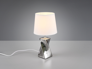 Kleine Keramik LED Tischleuchte Stoffschirm in silber/weiß Ø15cm Höhe 28,5cm