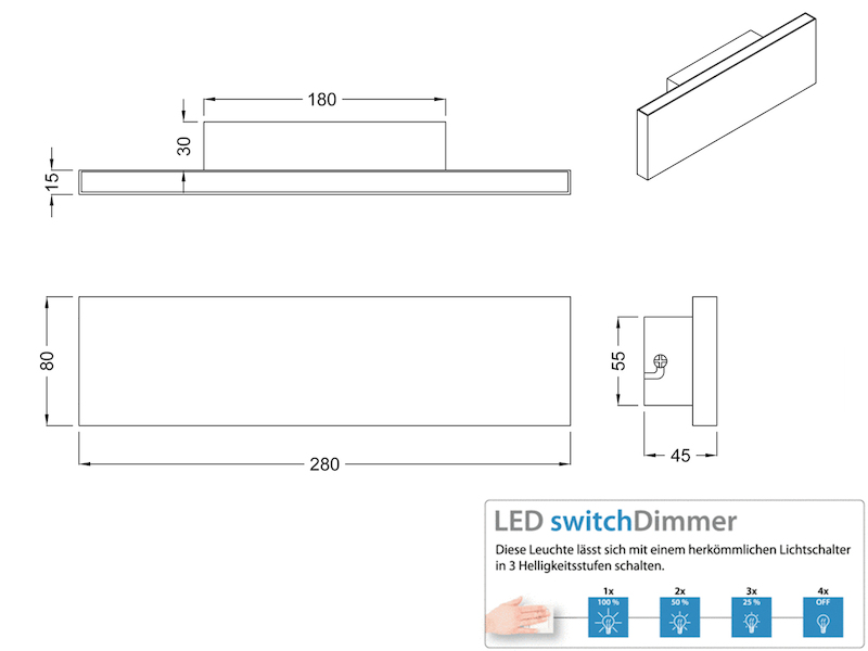 Flache LED Wandleuchte CONCHA Up and Down Light Weiß matt - 3 Stufen Dimmer 28cm