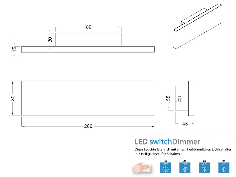 Flache LED Wandleuchte CONCHA Up and Down mit Dimmer, Weiß, Breite 28cm