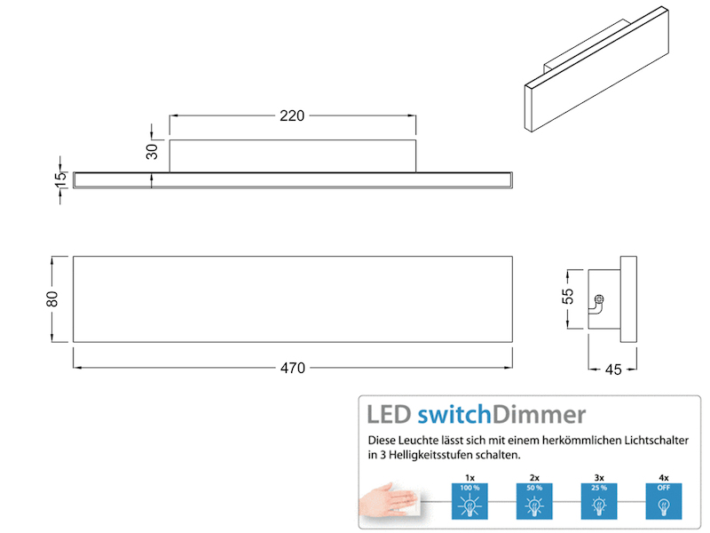 Flache LED Wandleuchte CONCHA Up and Down Weiß - 3 Stufen Dimmer, Breite 47cm