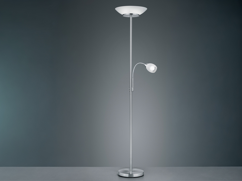 Deckenfluter GERRY mit Flex Leselampe, Silber & Glasschirm Weiß, Höhe 180cm