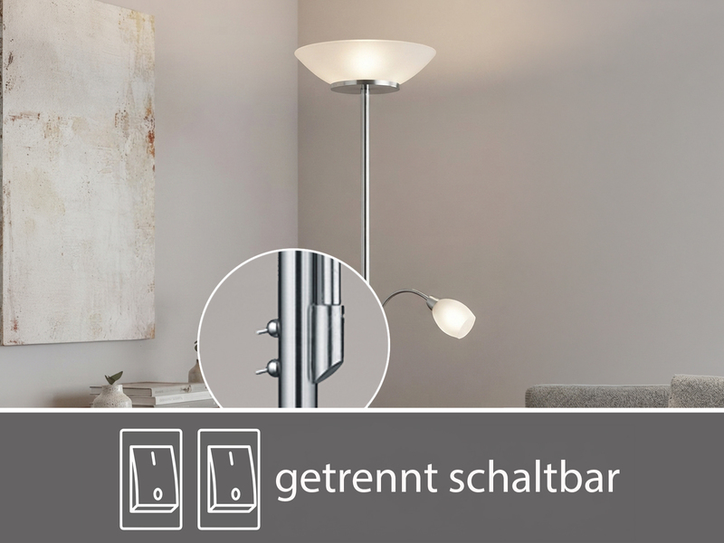 Deckenfluter GERRY mit Flex Leselampe, Silber & Glasschirm Weiß, Höhe 180cm
