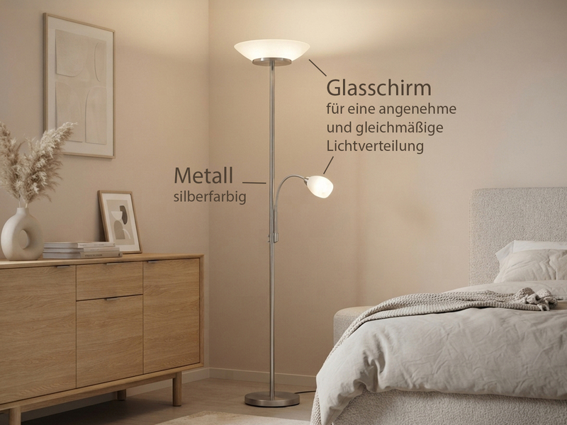 Deckenfluter GERRY mit Flex Leselampe, Silber & Glasschirm Weiß, Höhe 180cm