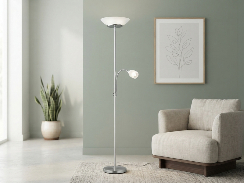 Deckenfluter GERRY mit Flex Leselampe, Silber & Glasschirm Weiß, Höhe 180cm
