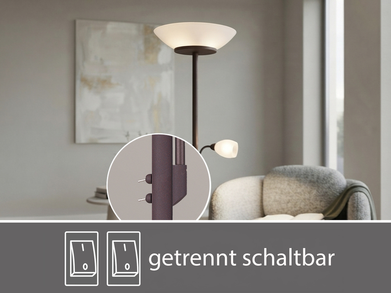 Deckenfluter GERRY mit Flex Leselampe, Rostoptik & Glas Weiß, Höhe 180cm