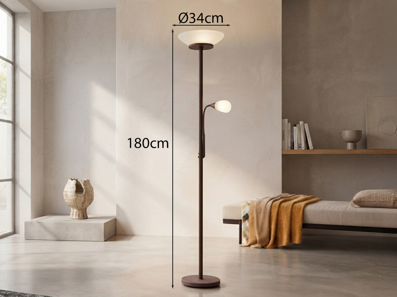 Deckenfluter GERRY mit Flex Leselampe, Rostoptik & Glas Weiß, Höhe 180cm