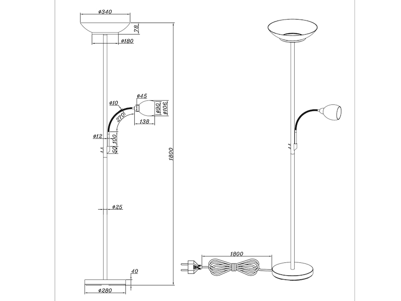 LED Deckenfluter mit Flexarm Leselampe, Silber & Glasschirme weiß, H: 180cm