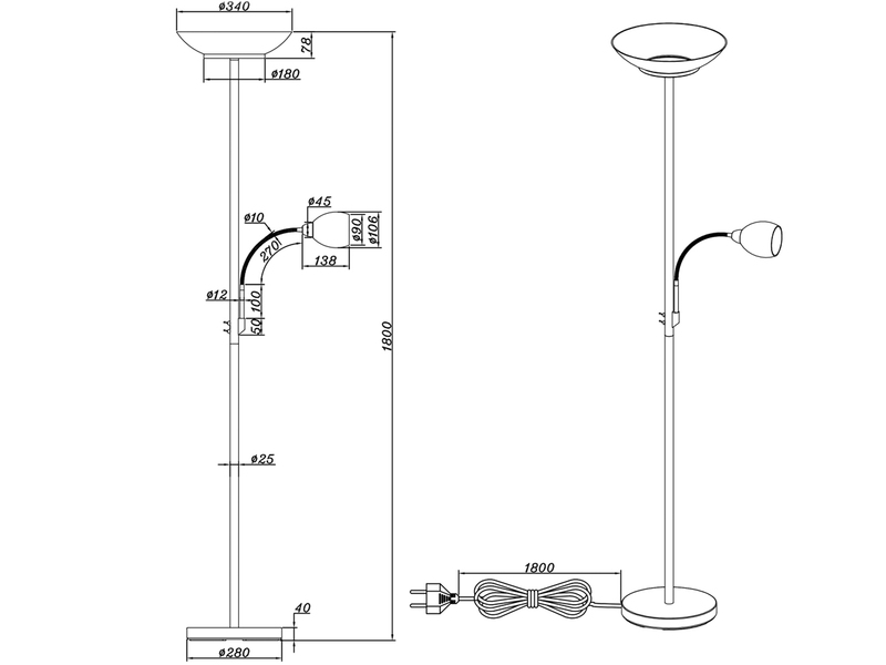 LED Deckenfluter mit Leselampe, Silber & Glasschirme weiß, Höhe 180cm