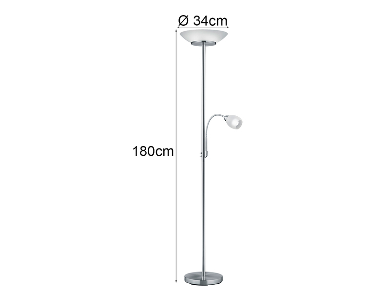 LED Deckenfluter mit Leselampe, Silber & Glasschirme weiß, Höhe 180cm