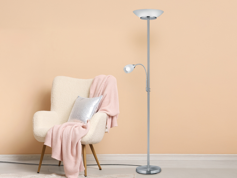LED Deckenfluter mit Leselampe, Silber & Glasschirme weiß, Höhe 180cm