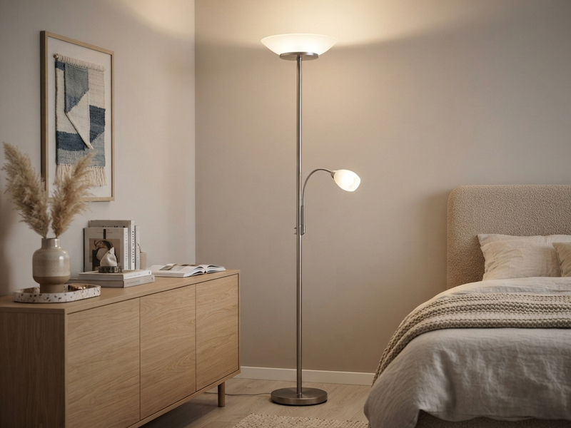 LED Deckenfluter mit Leselampe, Silber & Glasschirme weiß, Höhe 180cm