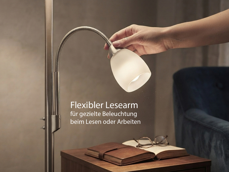 LED Deckenfluter mit Leselampe, Silber & Glasschirme weiß, Höhe 180cm