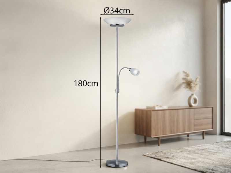 LED Deckenfluter mit Leselampe, Silber & Glasschirme weiß, Höhe 180cm