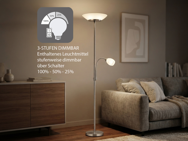 LED Deckenfluter mit Leselampe, Silber & Glasschirme weiß, Höhe 180cm