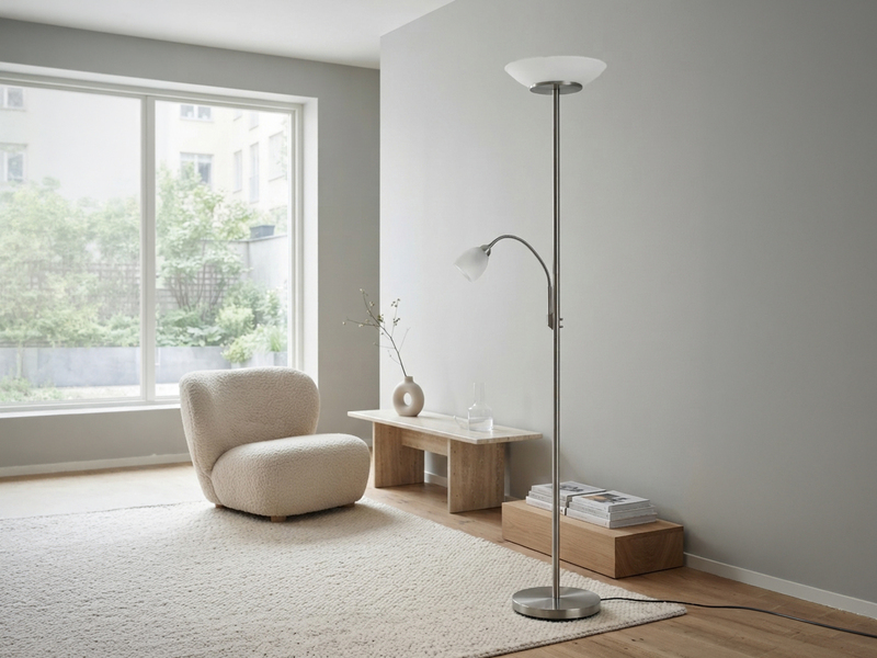 LED Deckenfluter mit Leselampe, Silber & Glasschirme weiß, Höhe 180cm