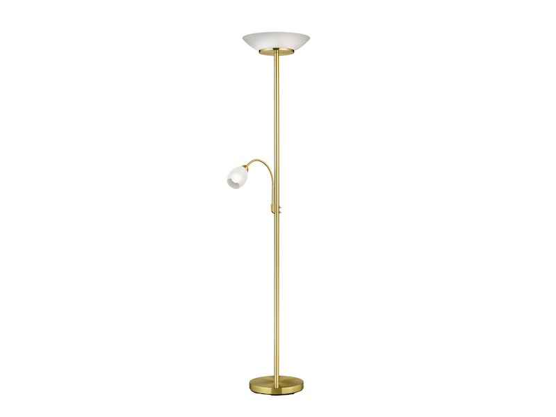 LED Deckenfluter mit Leselampe, Messing & Glasschirme weiß, Höhe 180cm