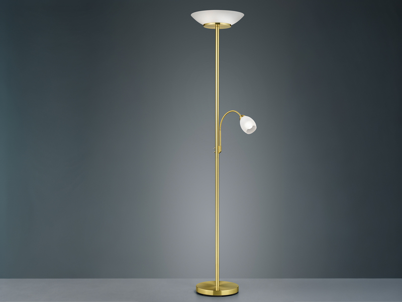LED Deckenfluter mit Leselampe, Messing & Glasschirme weiß, Höhe 180cm