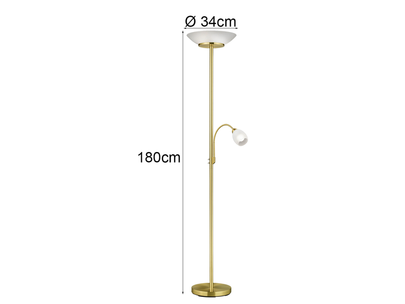 LED Deckenfluter mit Leselampe, Messing & Glasschirme weiß, Höhe 180cm