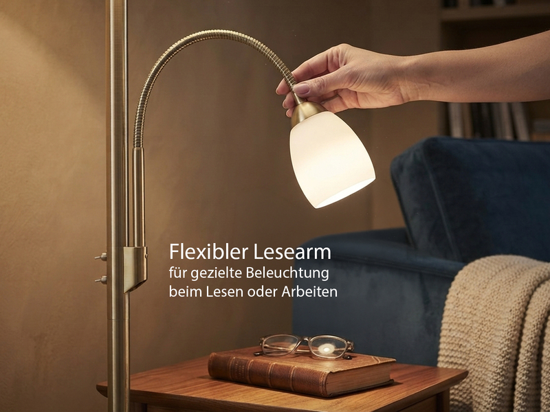 LED Deckenfluter mit Leselampe, Messing & Glasschirme weiß, Höhe 180cm