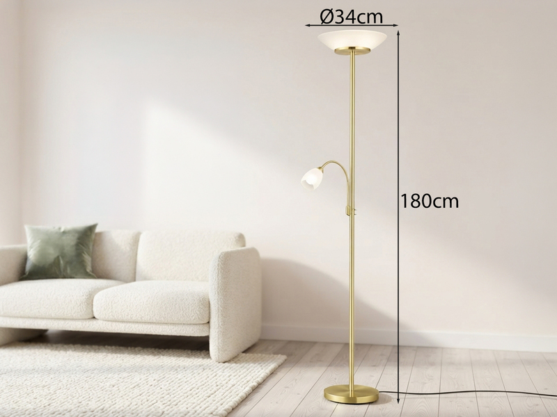 LED Deckenfluter mit Leselampe, Messing & Glasschirme weiß, Höhe 180cm