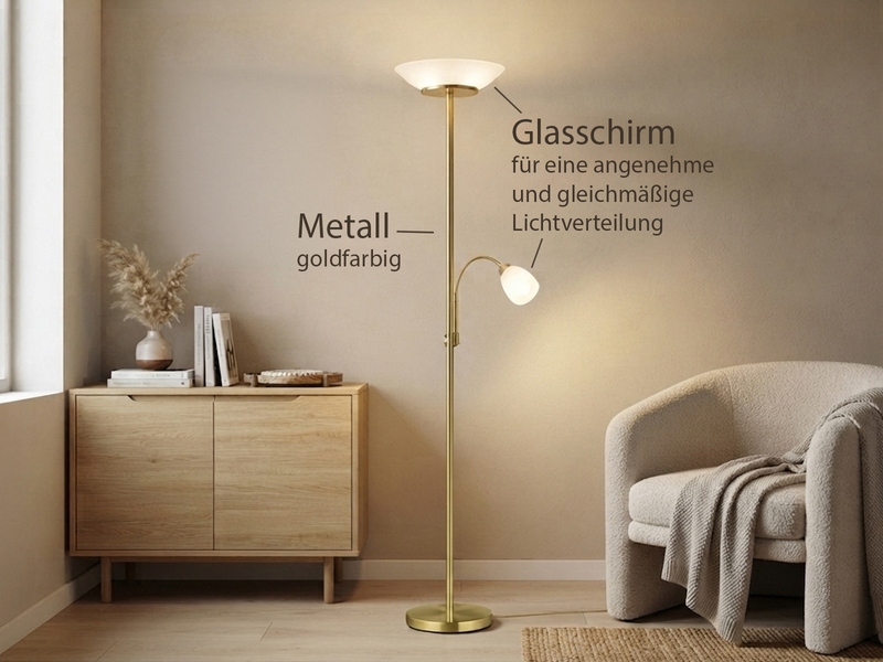 LED Deckenfluter mit Leselampe, Messing & Glasschirme weiß, Höhe 180cm