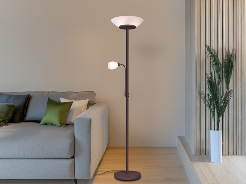 LED Deckenfluter mit Flexarm Leselampe, Rostoptik & Glasschirme weiß, H: 180cm