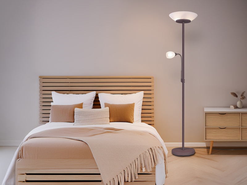 LED Deckenfluter mit Flexarm Leselampe, Rostoptik & Glasschirme weiß, H: 180cm