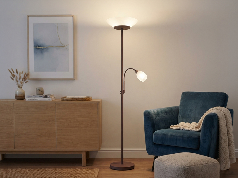 LED Deckenfluter mit Leselampe, Rostoptik & Glasschirme weiß, Höhe 180cm