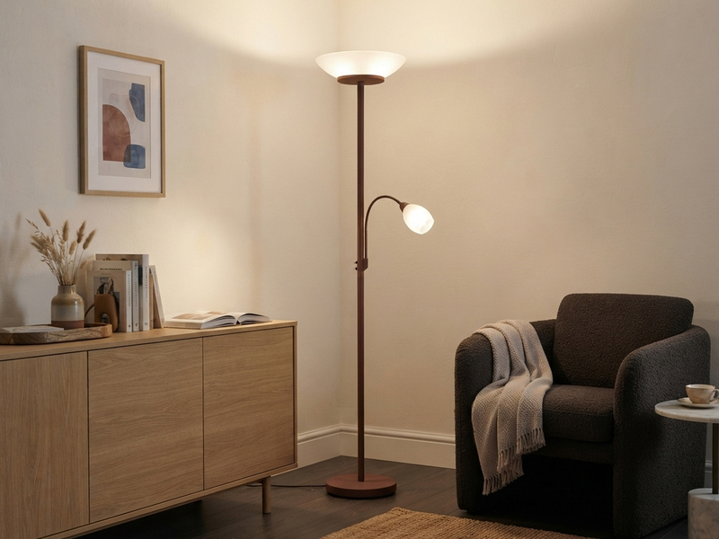 LED Deckenfluter mit Leselampe, Rostoptik & Glasschirme weiß, Höhe 180cm