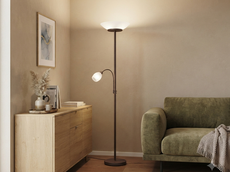 LED Deckenfluter mit Leselampe, Rostoptik & Glasschirme weiß, Höhe 180cm