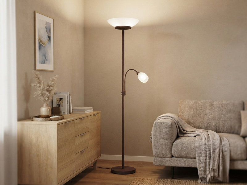 LED Deckenfluter mit Leselampe, Rostoptik & Glasschirme weiß, Höhe 180cm