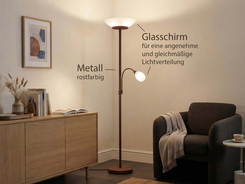 LED Deckenfluter mit Leselampe, Rostoptik & Glasschirme weiß, Höhe 180cm