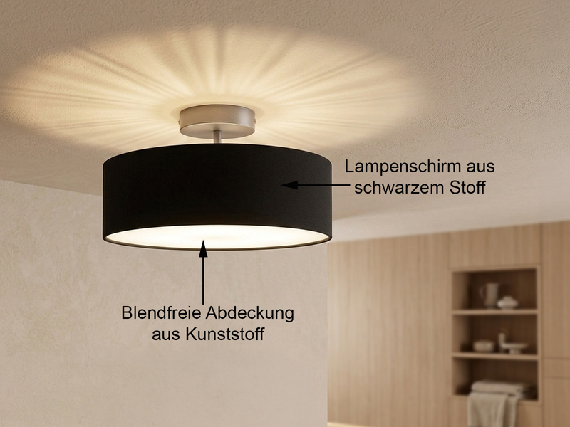 Runde zeitlose Deckenleuchte CALMA mit Stoffschirm in Schwarz Ø 30cm