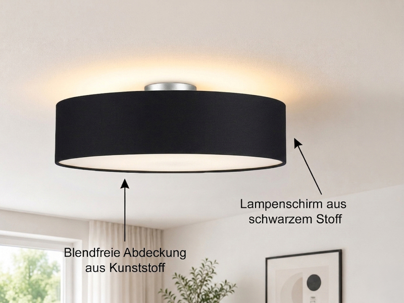 Runde zeitlose Deckenleuchte CALMA mit Stoffschirm in Schwarz Ø 50cm