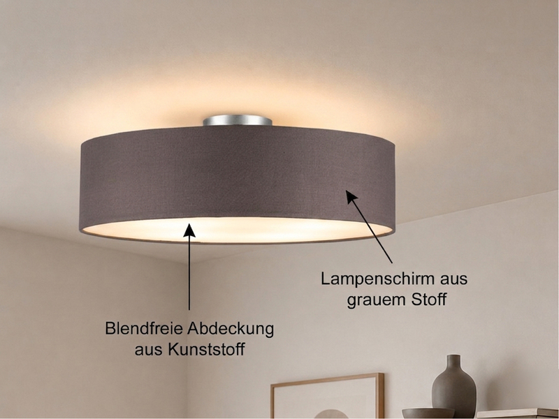 Runde zeitlose Deckenleuchte CALMA mit Stoffschirm in Braun-Grau Ø 50cm