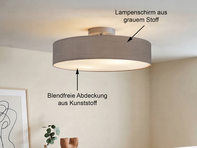Runde zeitlose Deckenleuchte CALMA mit Stoffschirm in Grau Ø 50cm