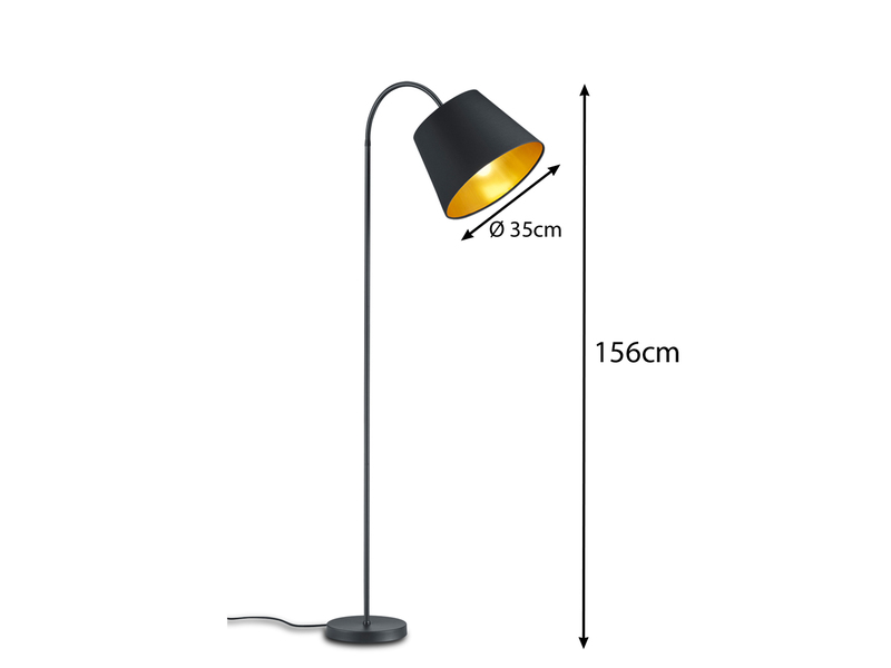 Stehlampe LAUREA gebogen mit E27 Stoffschirm Schwarz Gold, Höhe 156cm